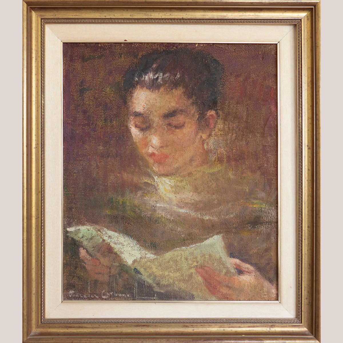 Portrait vintage d'une choriste lisant – Peinture à l'huile de Carbonell González-photo-2