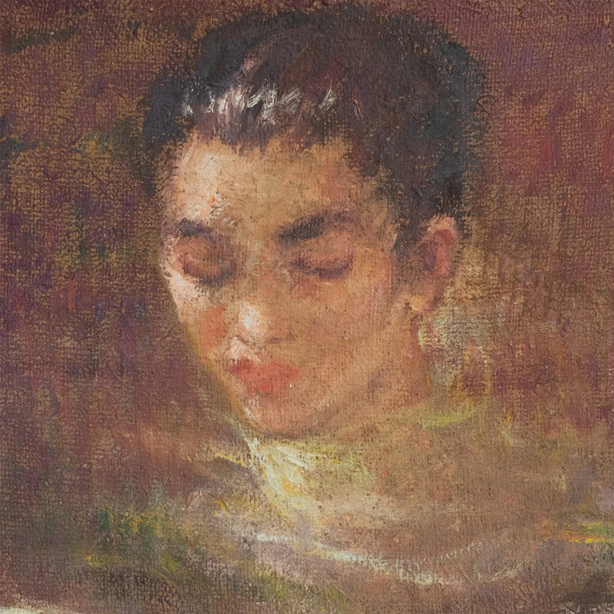 Portrait vintage d'une choriste lisant – Peinture à l'huile de Carbonell González-photo-4