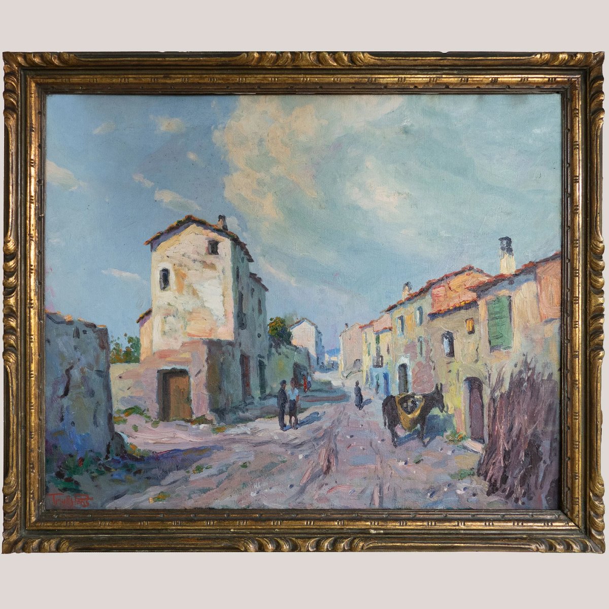 Scène De Rue Du Village De Caserras – Huile Originale Impressionniste De Ramon Trulls Pons-photo-2