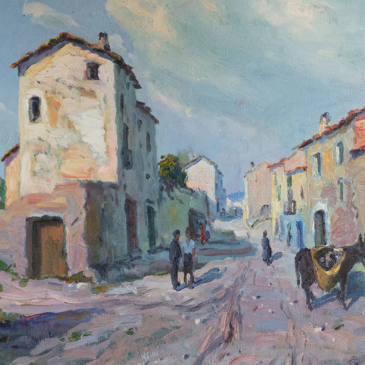 Scène De Rue Du Village De Caserras – Huile Originale Impressionniste De Ramon Trulls Pons-photo-3