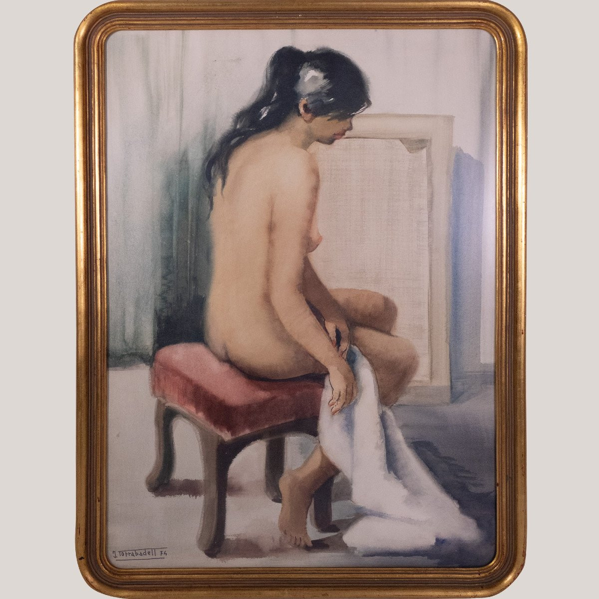 étude De Nu Assis – Pastel Sur Papier Par J. Torrabadell-photo-2