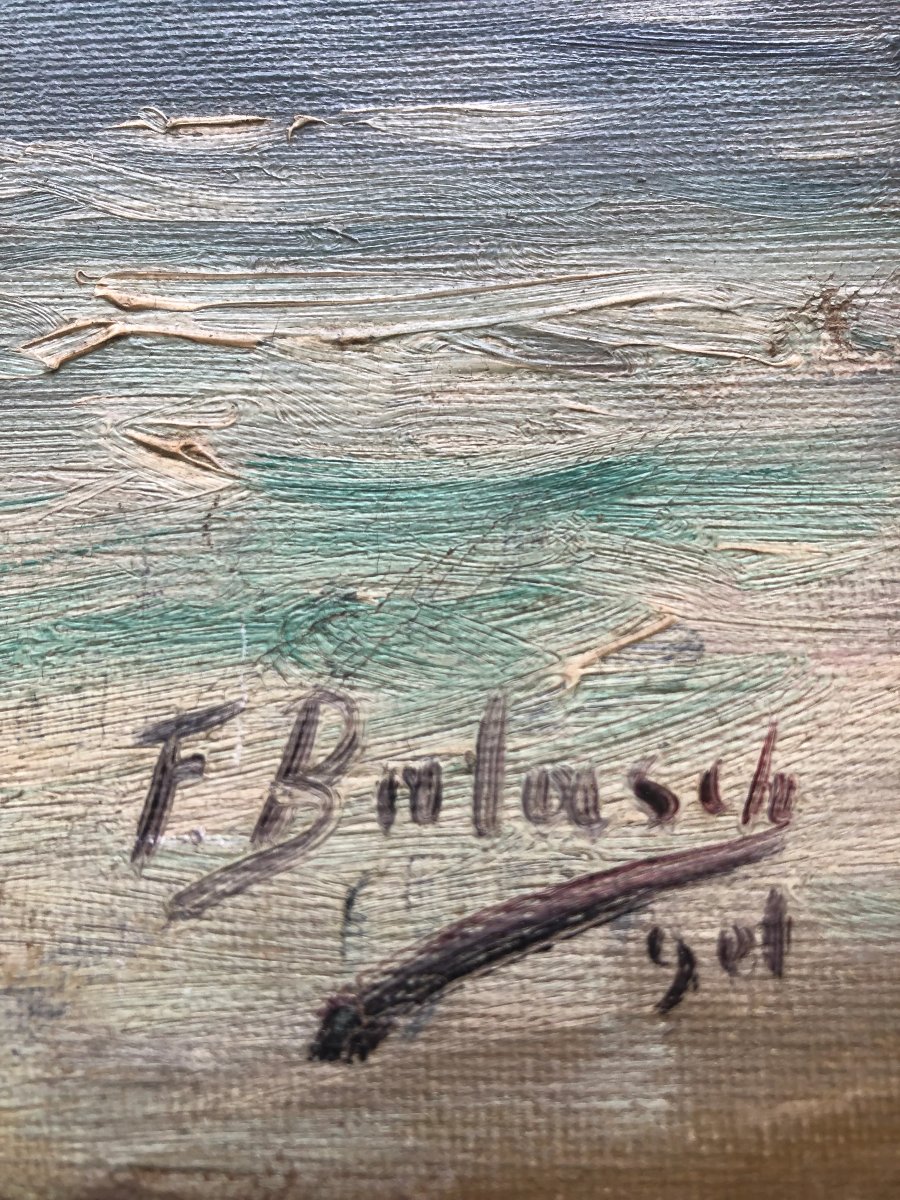 Paysage Marin Impressionniste Avec Voiliers – Huile Sur Toile, Signée-photo-2