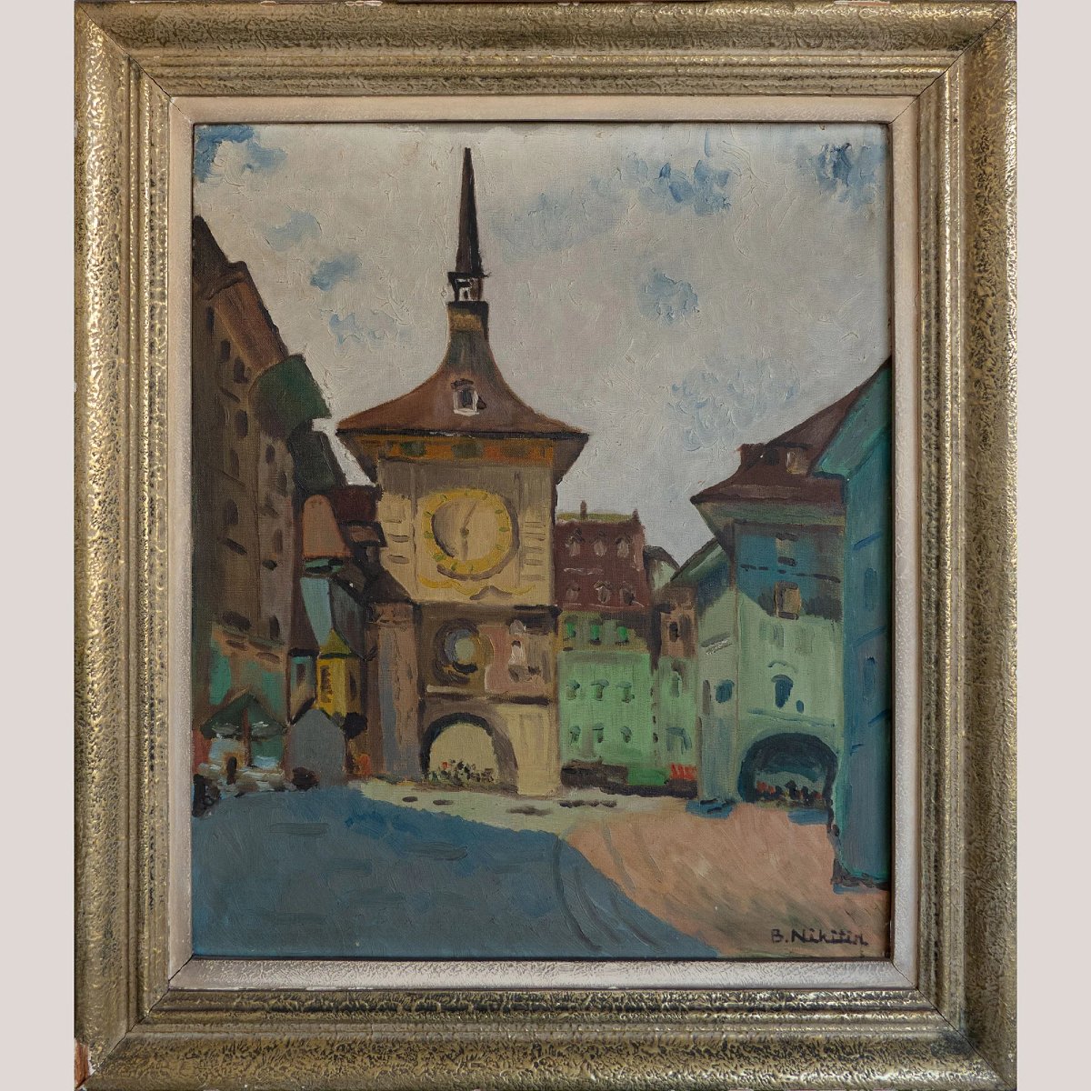 Paysage urbain de la tour de l'horloge de Berne du milieu du siècle – Peinture à l'huile origin-photo-2