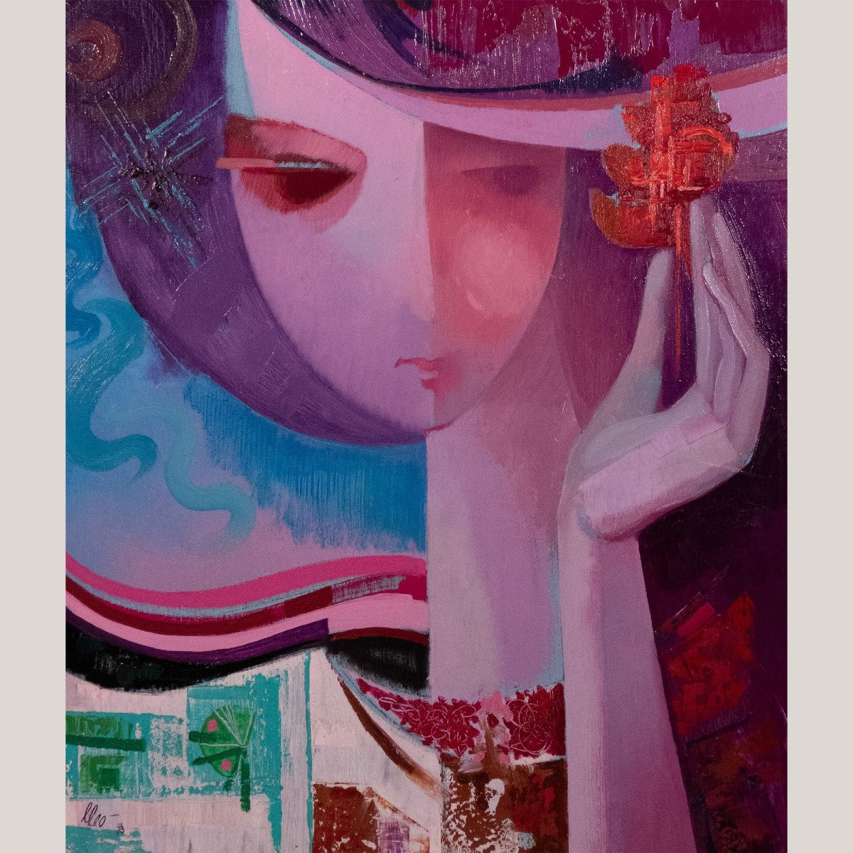 Mid-century Stylised Female Portraits – Pair Of Oil Paintings By Lleo-photo-2