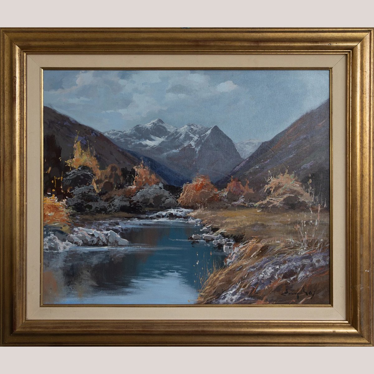 Paysage de rivière de montagne – Peinture à l'huile encadrée signée-photo-2