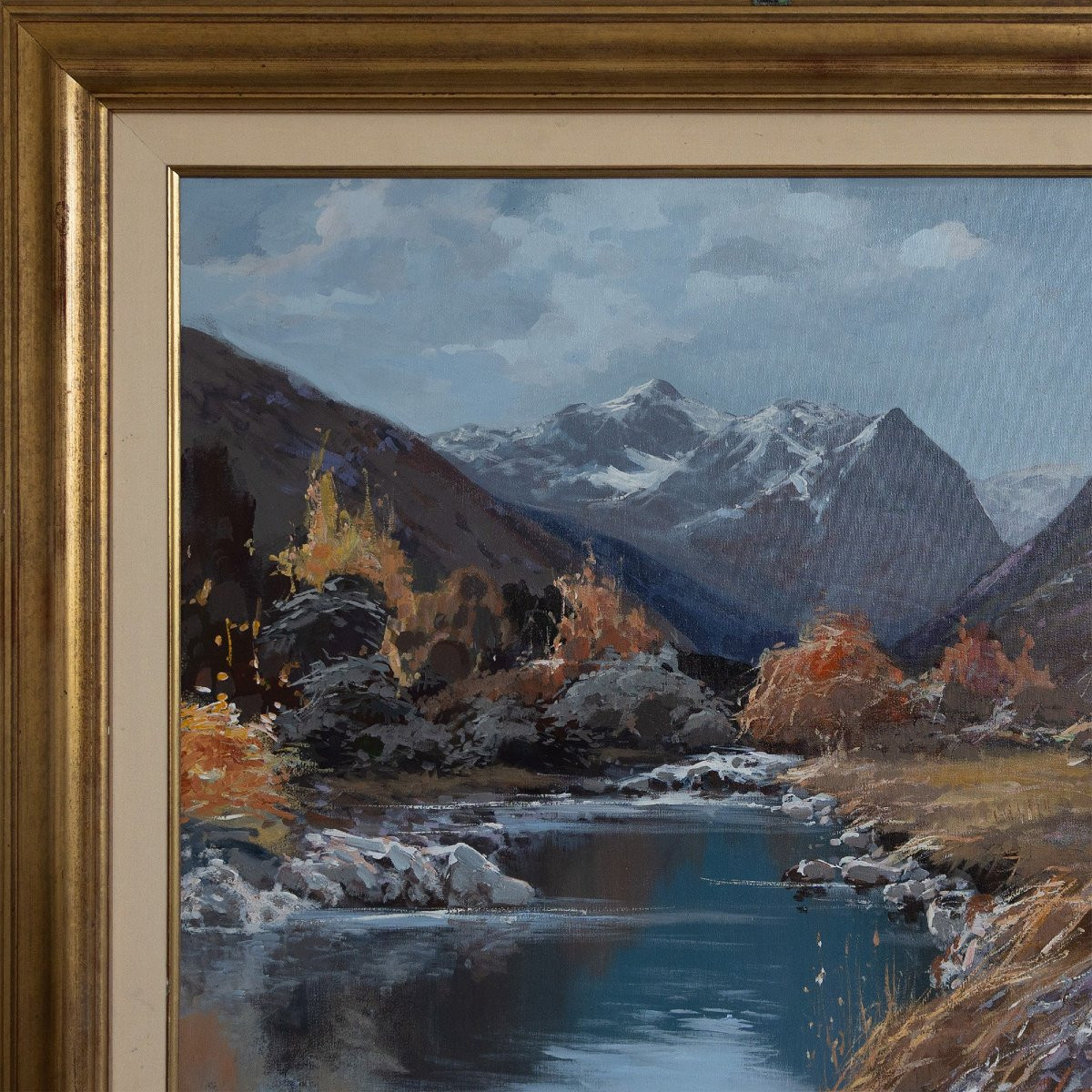 Paysage de rivière de montagne – Peinture à l'huile encadrée signée-photo-3