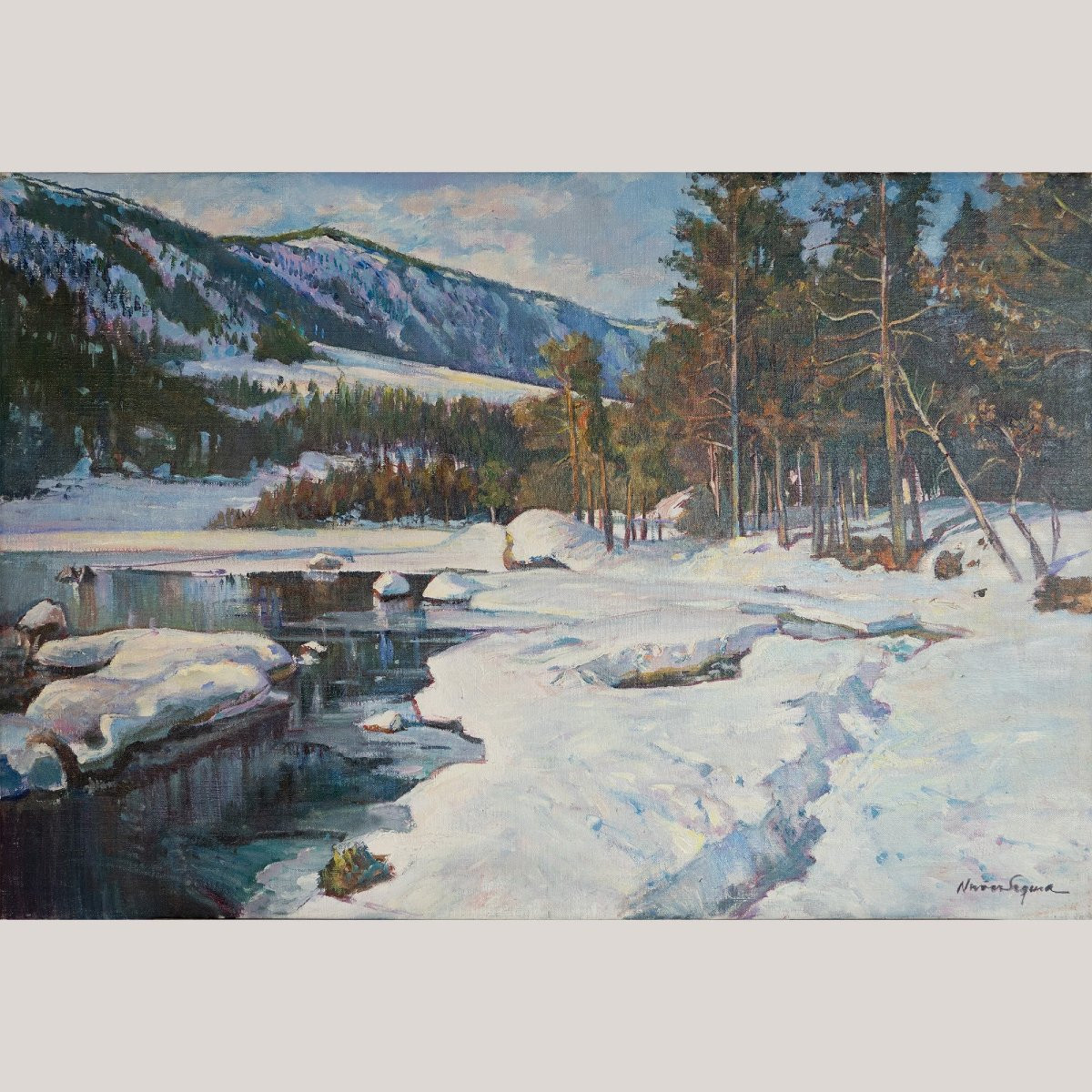 Paysage de rivière enneigée – Suiveur de Thomas R. Curtin et Frits Thaulow-photo-2