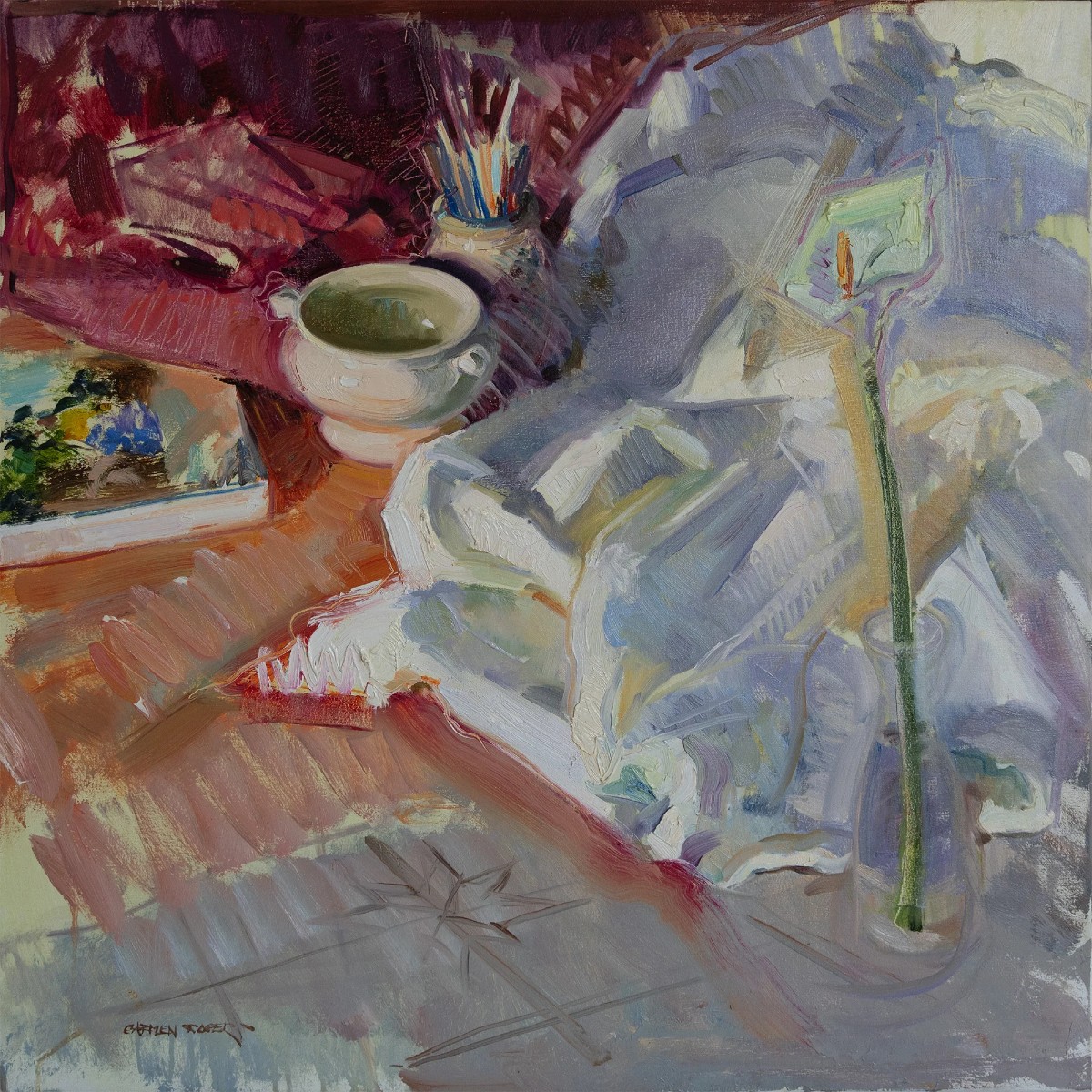 Nature morte avec tasse et pot à pinceaux par Carmen Roger