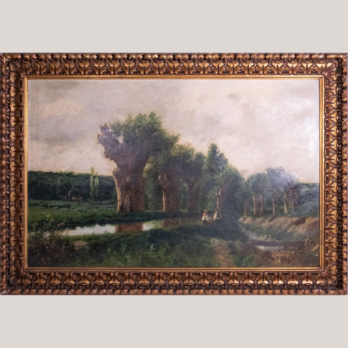Pastoral Riverbank Scene – Signed 19th Century Oil Framed On Canvas-photo-2