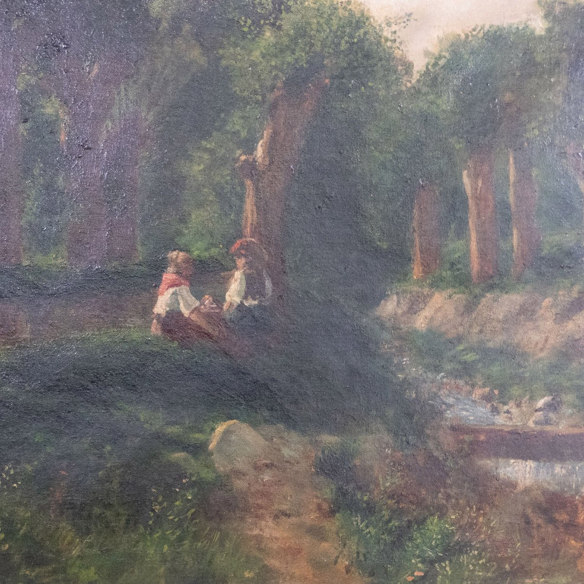 Pastoral Riverbank Scene – Signed 19th Century Oil Framed On Canvas-photo-3