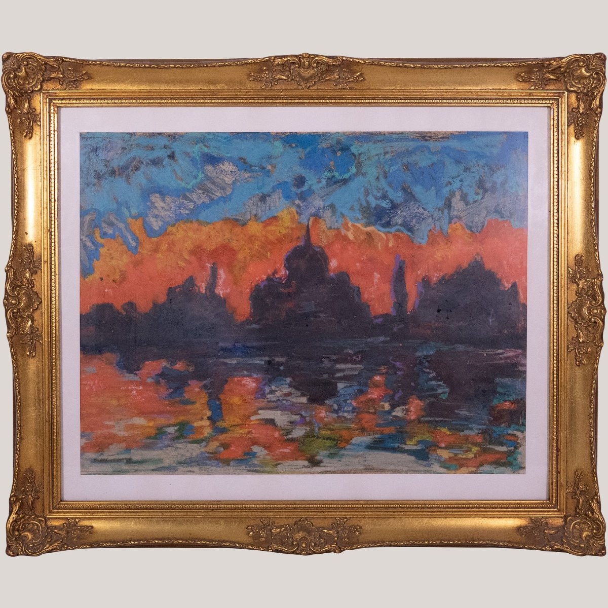 Silhouette de coucher de soleil vénitien – Huile impressionniste d'un artiste inconnu-photo-2