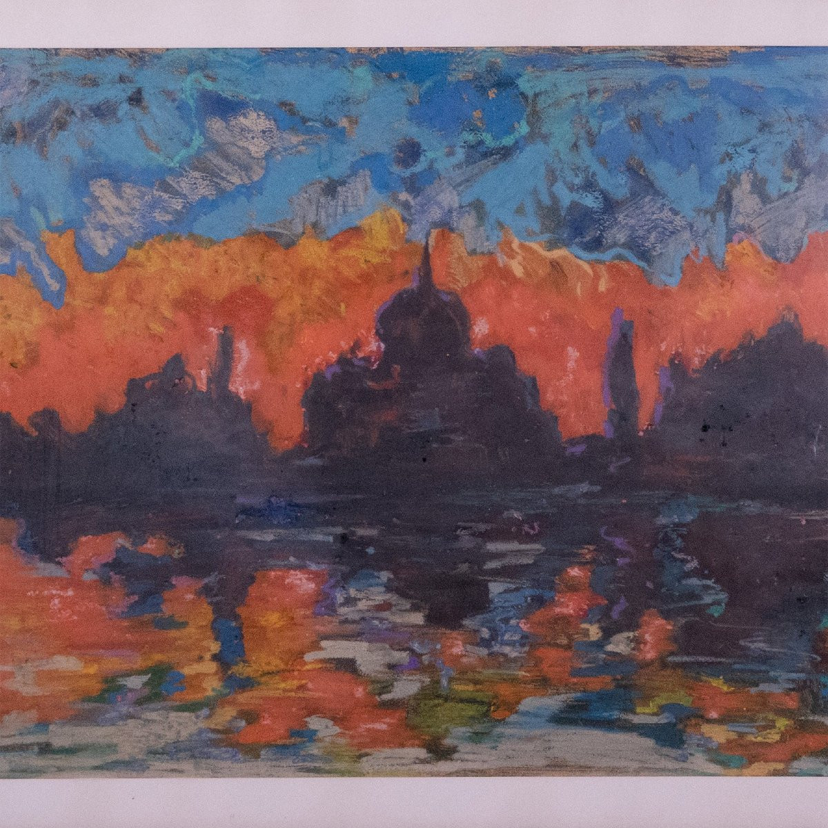 Silhouette de coucher de soleil vénitien – Huile impressionniste d'un artiste inconnu-photo-3