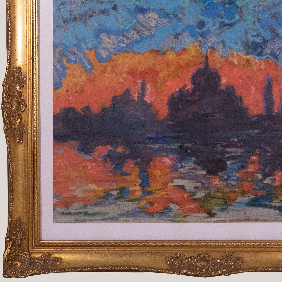 Silhouette de coucher de soleil vénitien – Huile impressionniste d'un artiste inconnu-photo-4