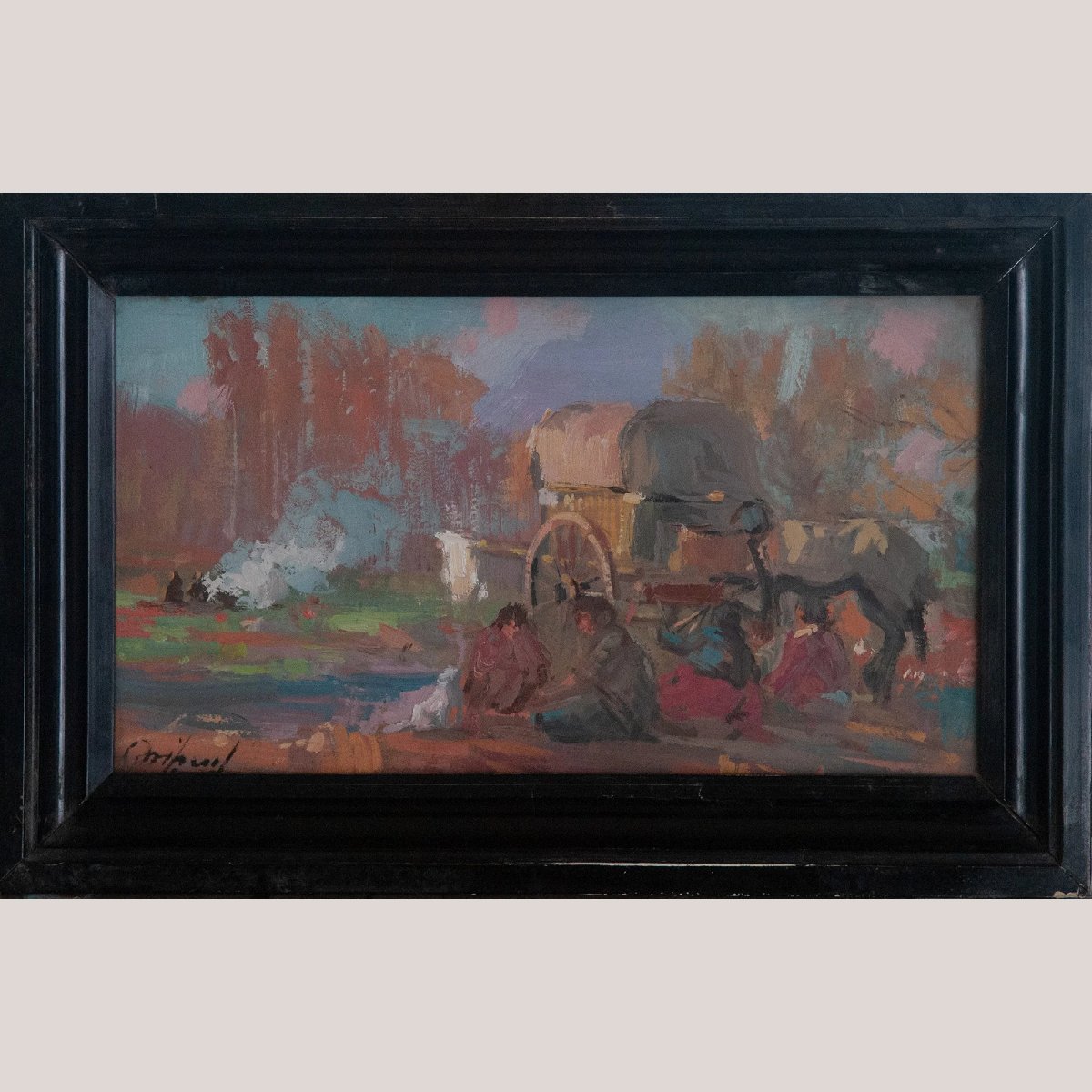 Impressionist Oil – Gypsy Camp Scene – Signed Oil-photo-2