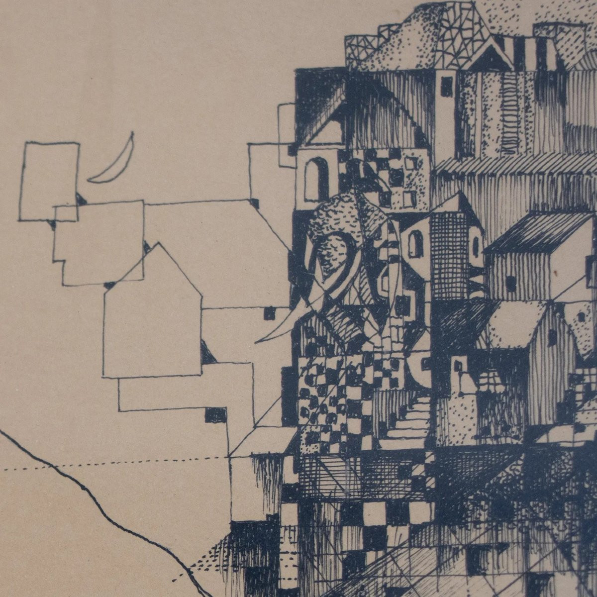 Composition architecturale surréaliste – Dessin original à la plume et à l'encre (1961)-photo-3