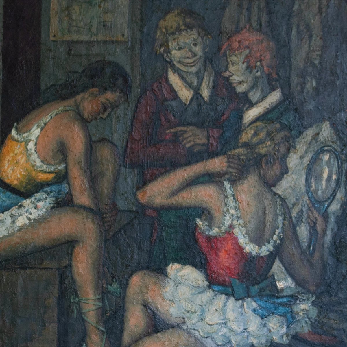 Backstage With Clowns And Dancers – Large Original Oil Study By M. Duval-photo-3