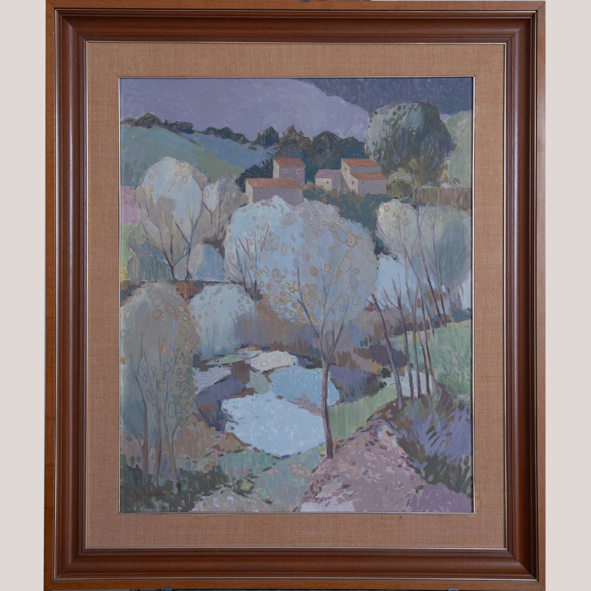 Large Pastel Modernist Village Landscape – Garcia Pitarch - Oil On Canvas-photo-2