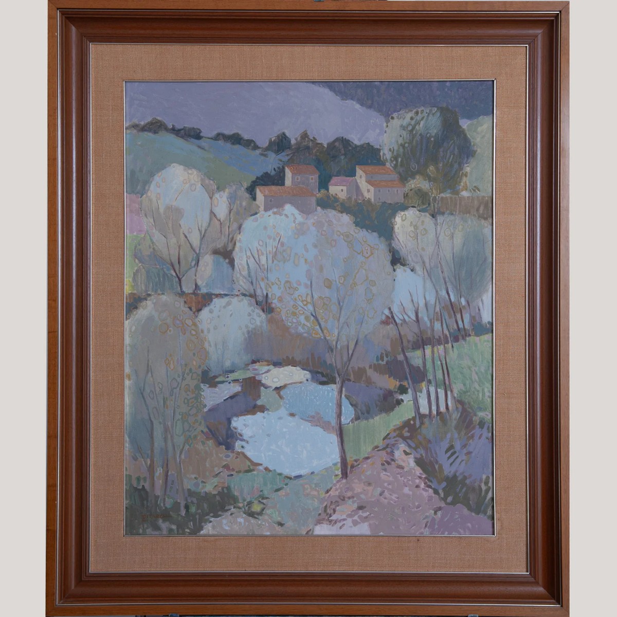 Large Pastel Modernist Village Landscape – Garcia Pitarch - Oil On Canvas-photo-3