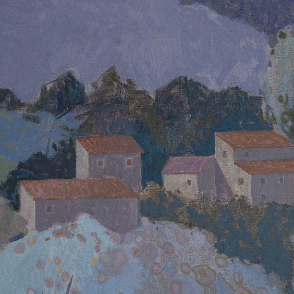 Large Pastel Modernist Village Landscape – Garcia Pitarch - Oil On Canvas-photo-4