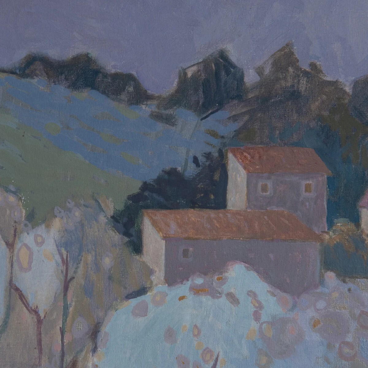 Large Pastel Modernist Village Landscape – Garcia Pitarch - Oil On Canvas-photo-1
