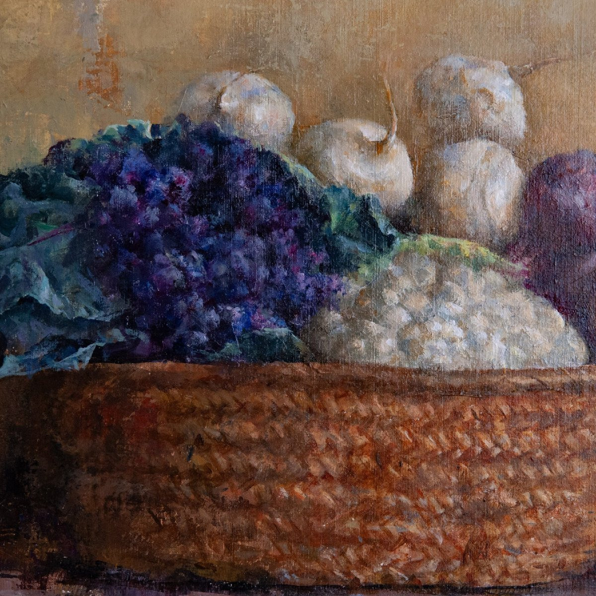 Still Life With Autumn Vegetables – Artist Presently Unidentified - Signed Oil On Canvas-photo-3
