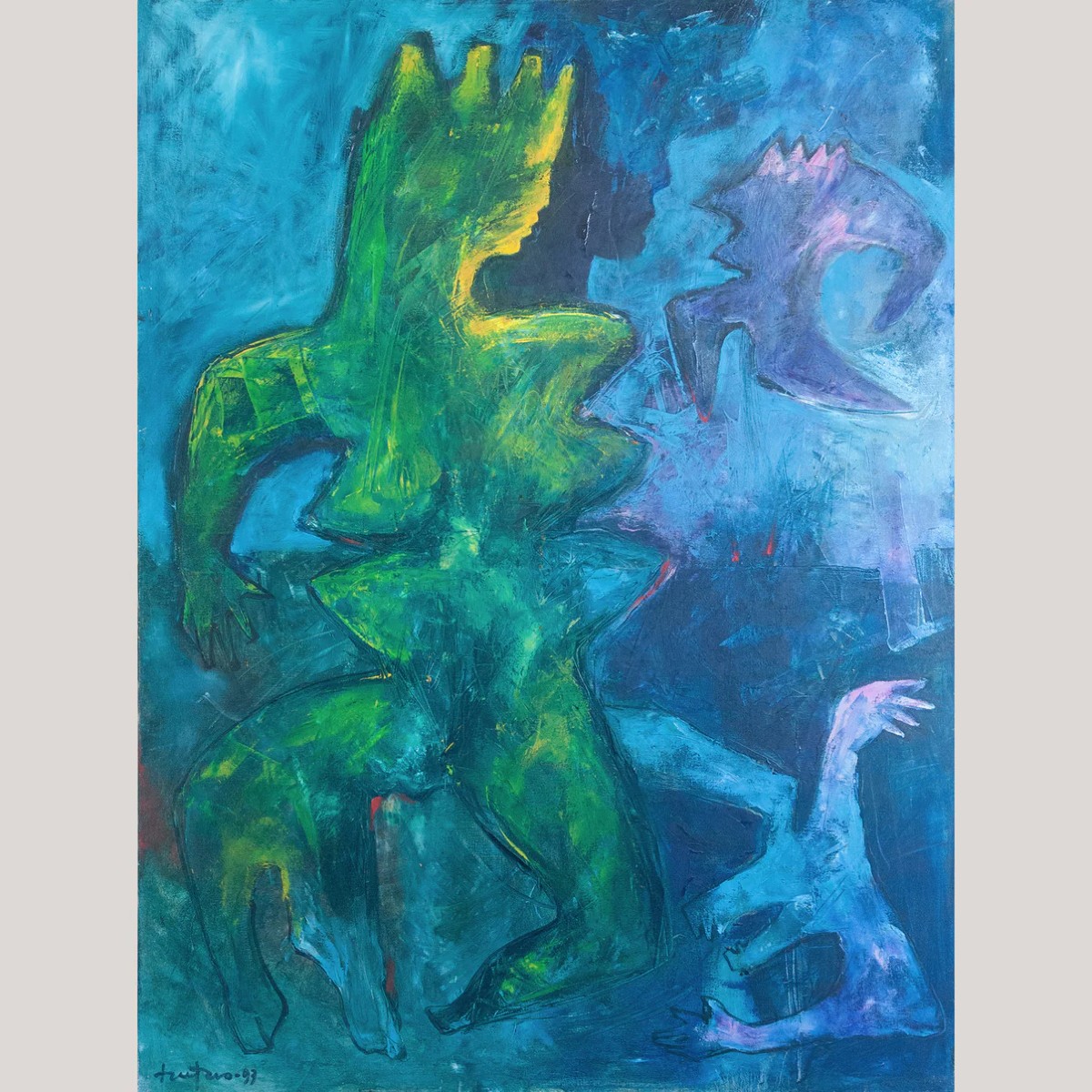 Composition figurative abstraite – Adepte du groupe Cobra – Signée et datée-photo-2