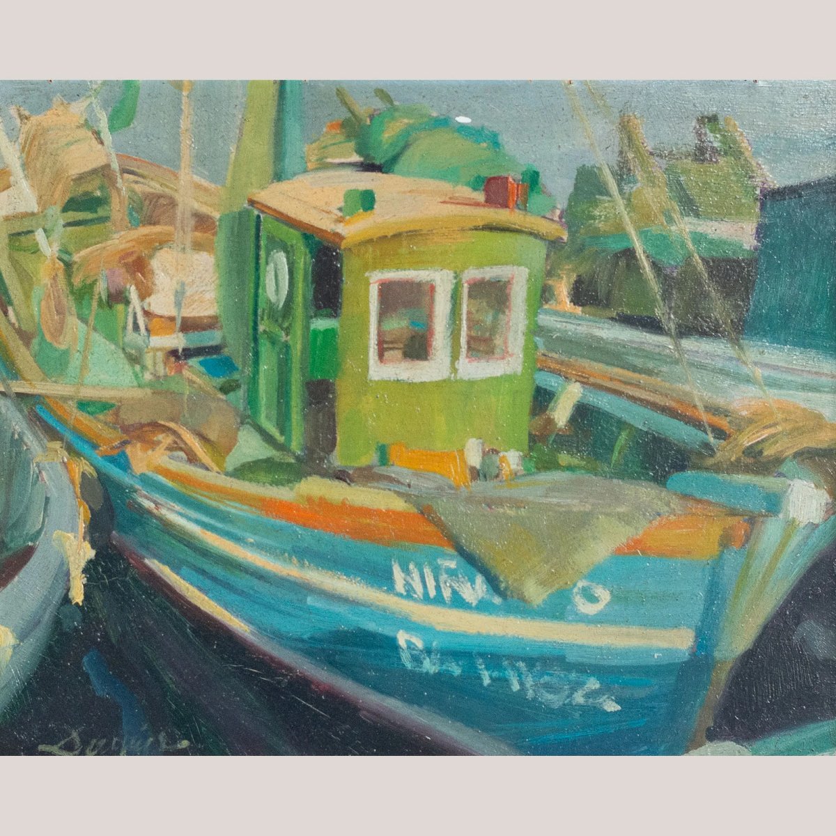 Two Post Impressionist Oil Paintings - Fisherman And Fishing Boats-photo-3