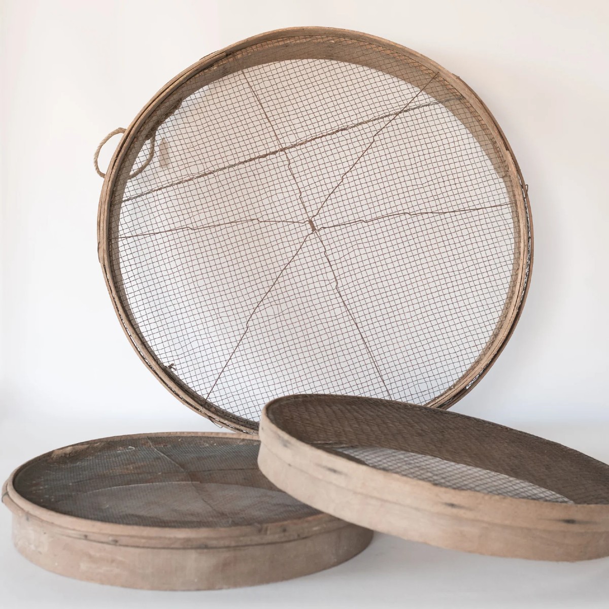 Set Of Three Rustic Wooden Grain Sieves