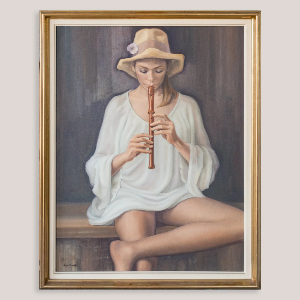 Girl Playing Recorder –signed Oil On Canvas-photo-3