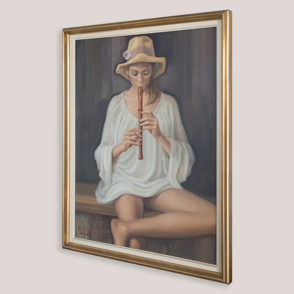 Girl Playing Recorder –signed Oil On Canvas-photo-4