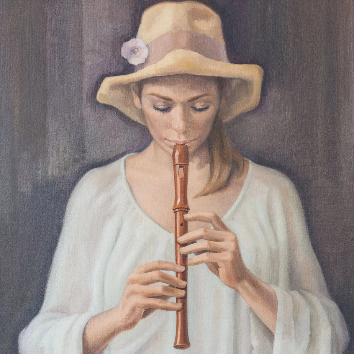 Girl Playing Recorder –signed Oil On Canvas-photo-1