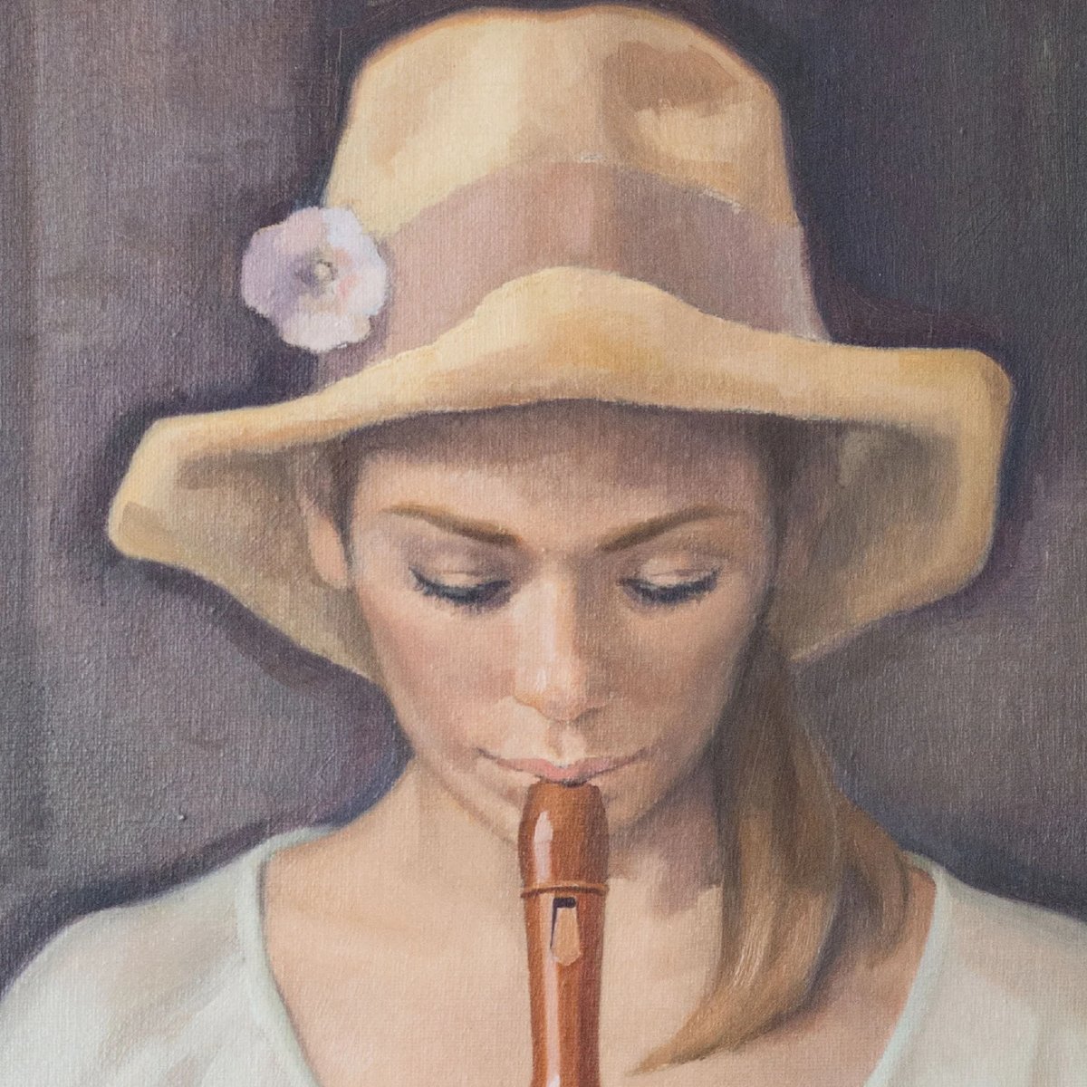 Girl Playing Recorder –signed Oil On Canvas-photo-2