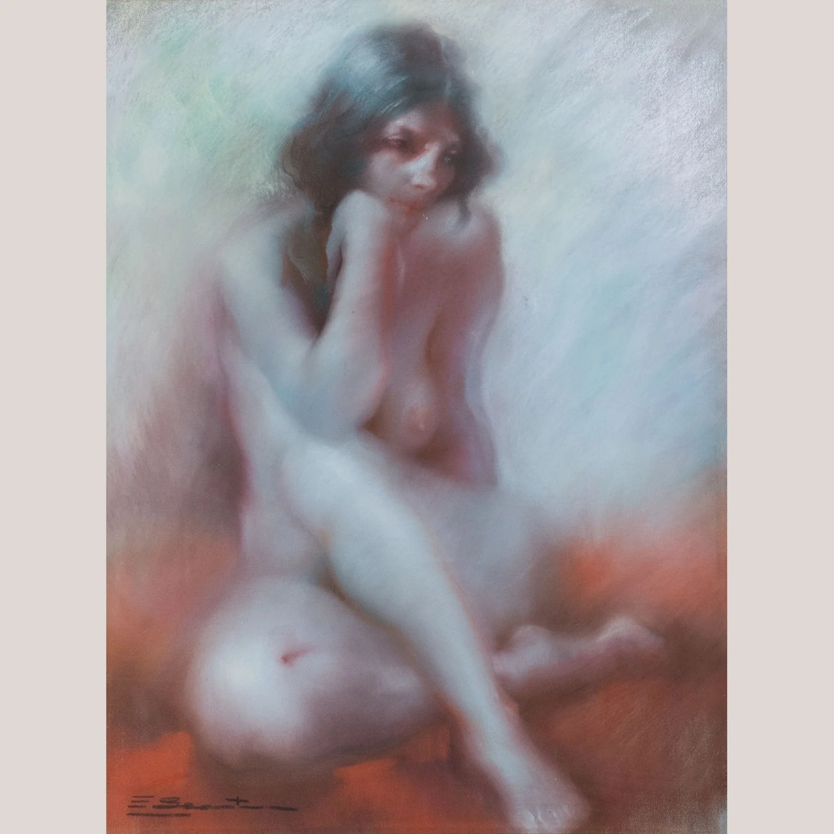 Étude au pastel d'un nu féminin assis - Signée