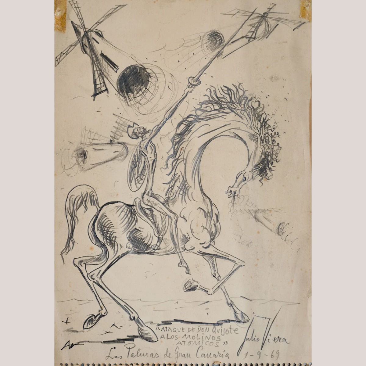 Dessin de la scène d'attaque de Don Quichotte par Julio Vieira