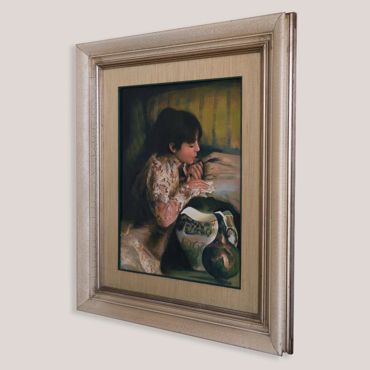 Jeune femme en blouse brodée de dentelle espagnole fine - Huile sur toile signée-photo-4