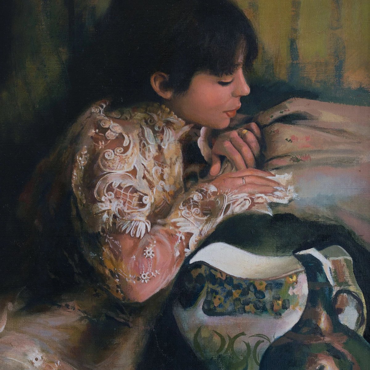 Jeune femme en blouse brodée de dentelle espagnole fine - Huile sur toile signée-photo-2
