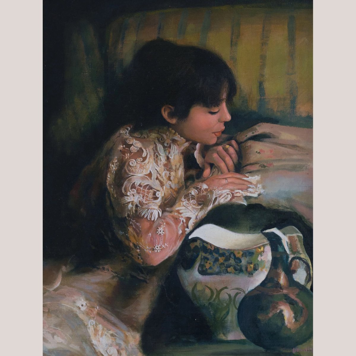 Jeune femme en blouse brodée de dentelle espagnole fine - Huile sur toile signée