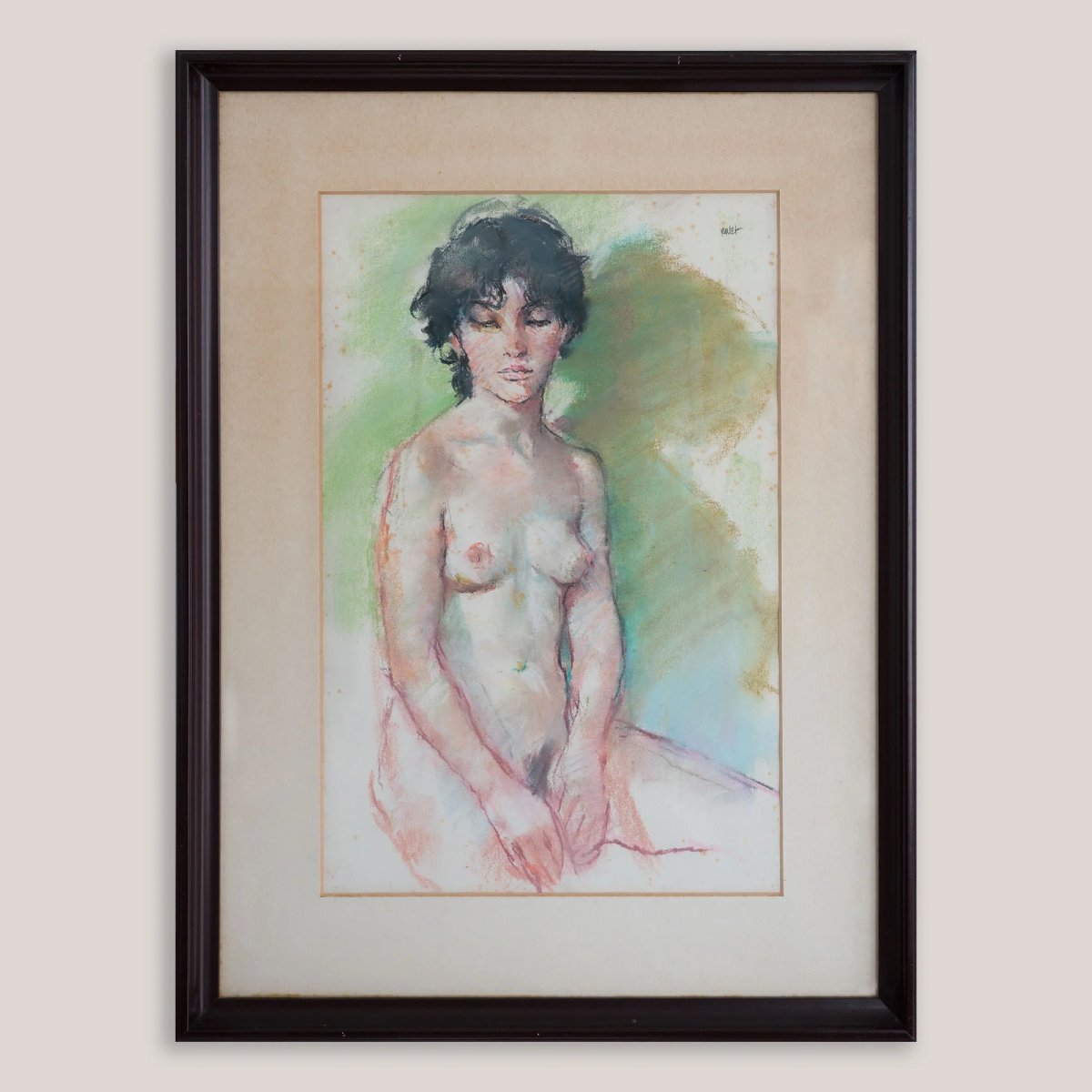 Mid-century Seated Female Nude Pastel & Watercolour, Signed-photo-2