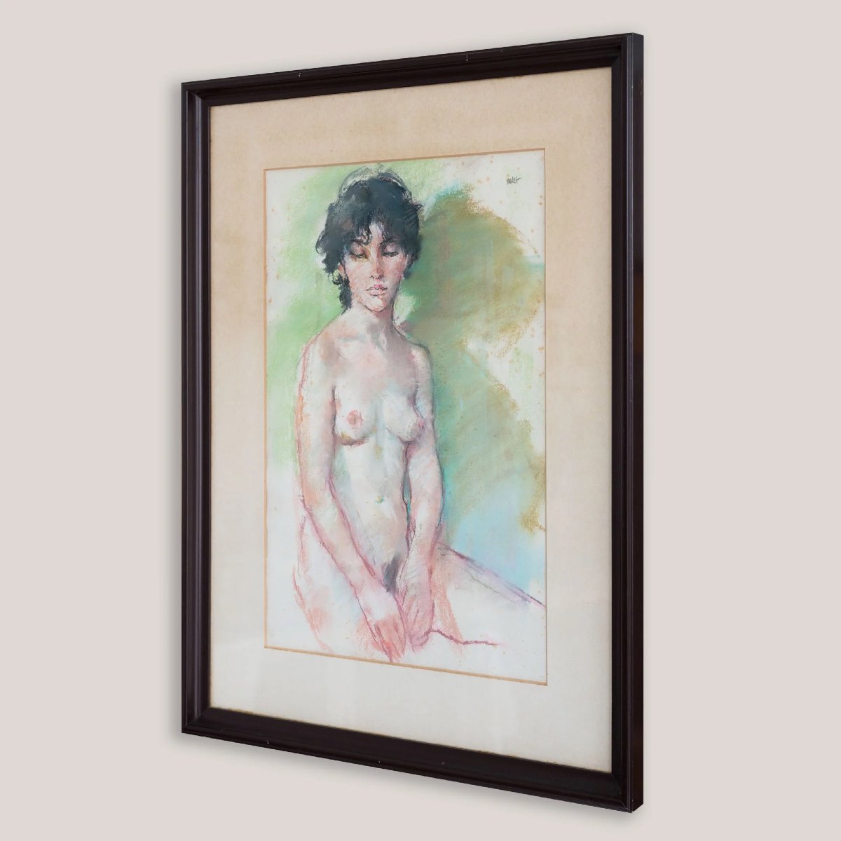 Mid-century Seated Female Nude Pastel & Watercolour, Signed-photo-3
