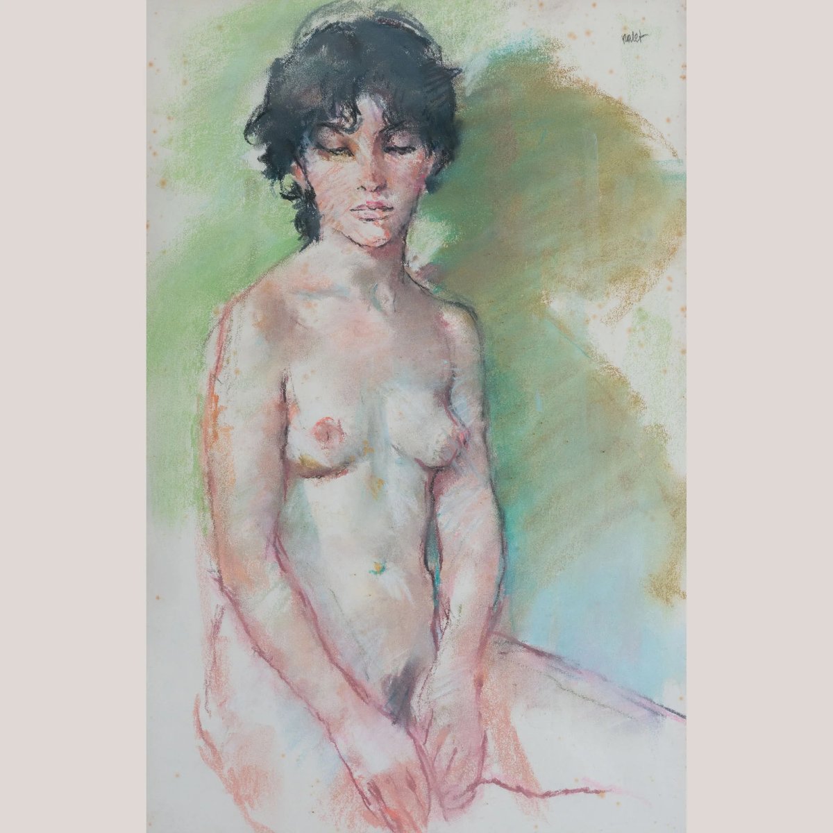 Mid-century Seated Female Nude Pastel & Watercolour, Signed
