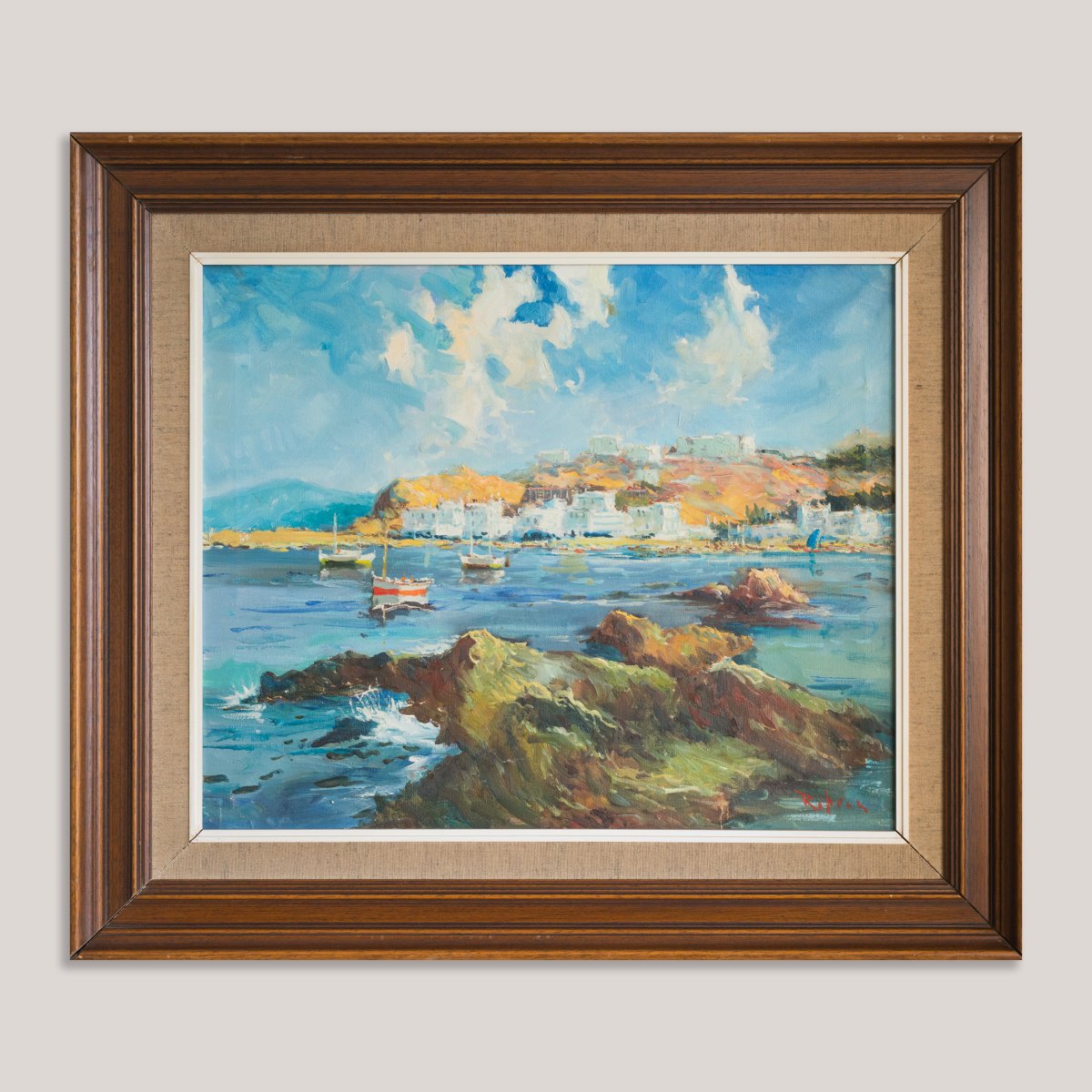 Vue du  Port of Llança  huile sur toile signée-photo-3