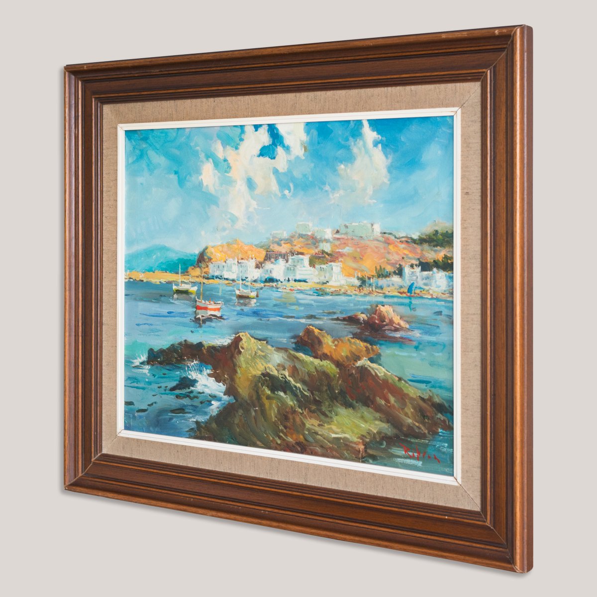 Vue du  Port of Llança  huile sur toile signée-photo-4