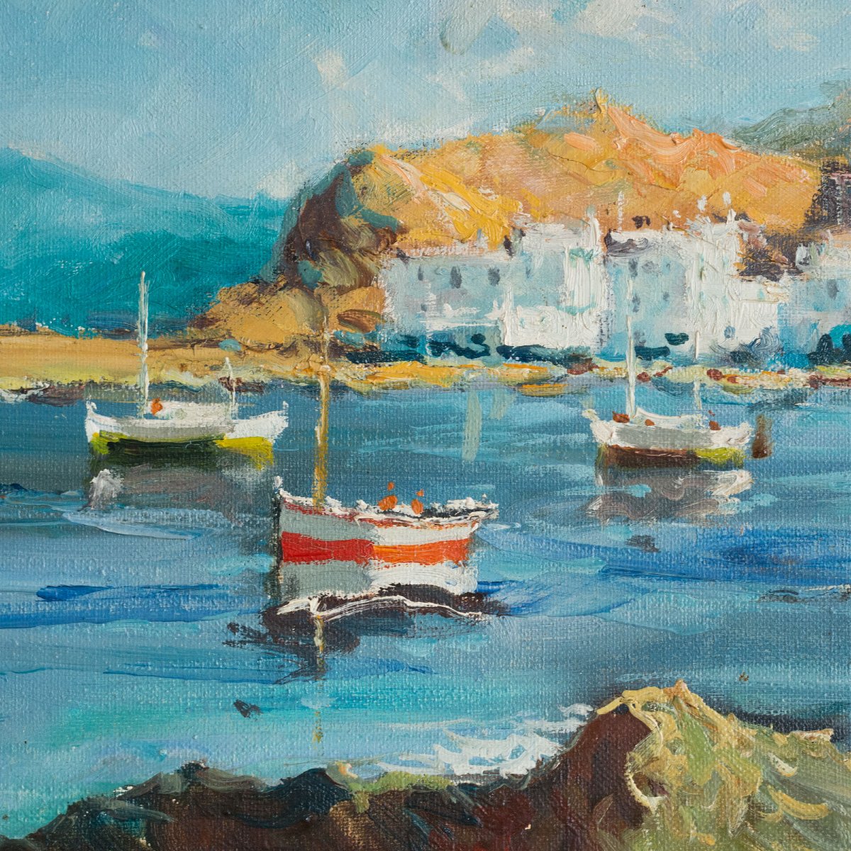 Vue du  Port of Llança  huile sur toile signée-photo-1