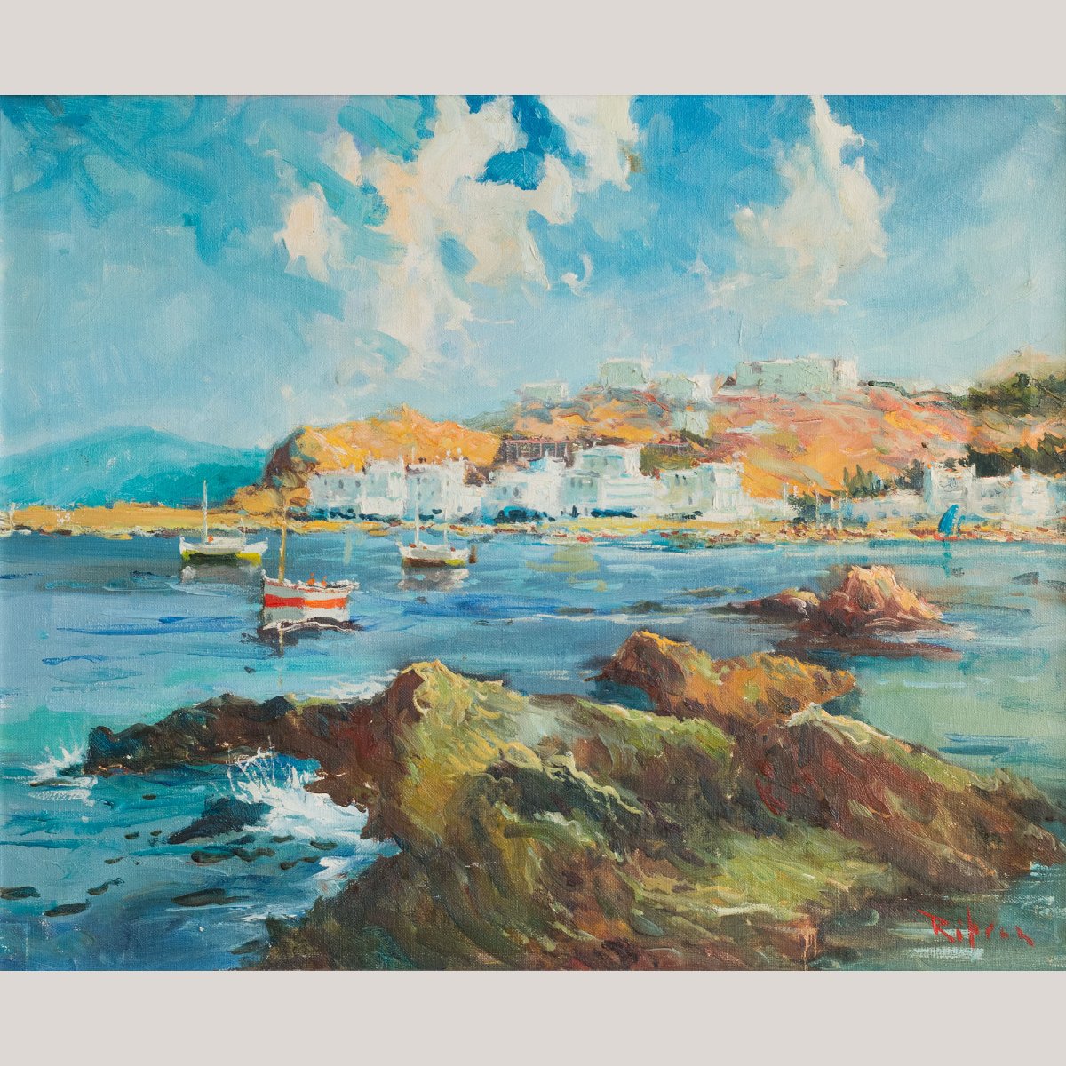 Vue du  Port of Llança  huile sur toile signée