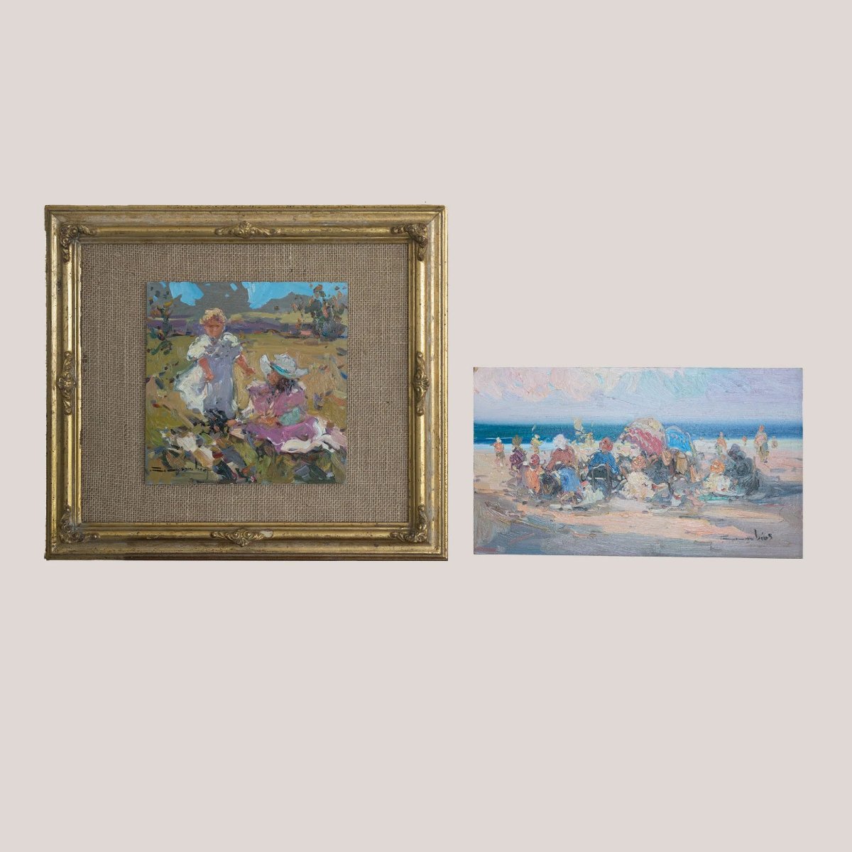 Deux peintures impressionnistes à l'huile sur panneau représentant des paysages côtiers et rura-photo-2