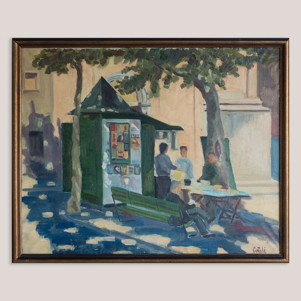 Vintage European Street Scene With Newspaper Kiosk | Possibly Signed Català | Oil On Canvas-photo-3