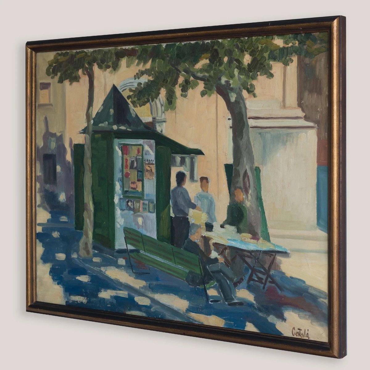 Vintage European Street Scene With Newspaper Kiosk | Possibly Signed Català | Oil On Canvas-photo-4