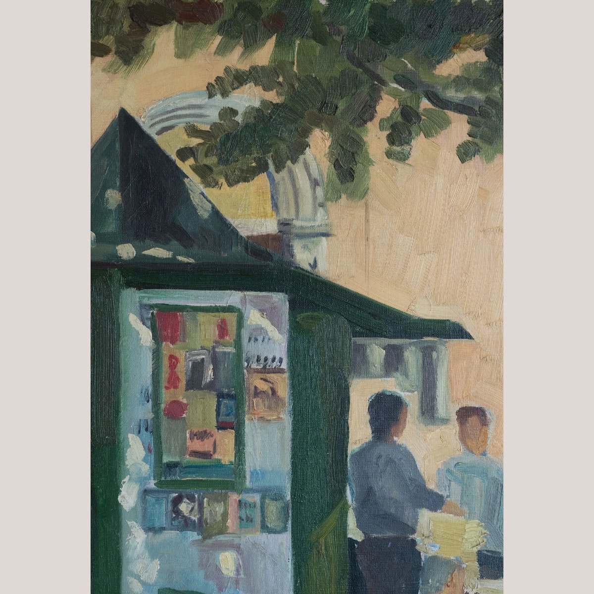 Vintage European Street Scene With Newspaper Kiosk | Possibly Signed Català | Oil On Canvas-photo-2