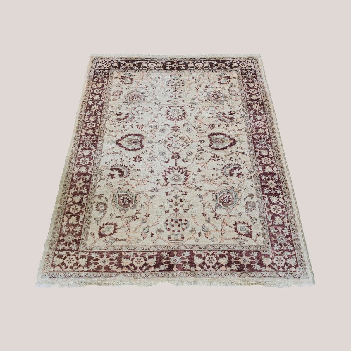 Vintage Indo-persian Floral Rug | Ivory Ground With Burgundy Border | 273 × 187 Cm-photo-2