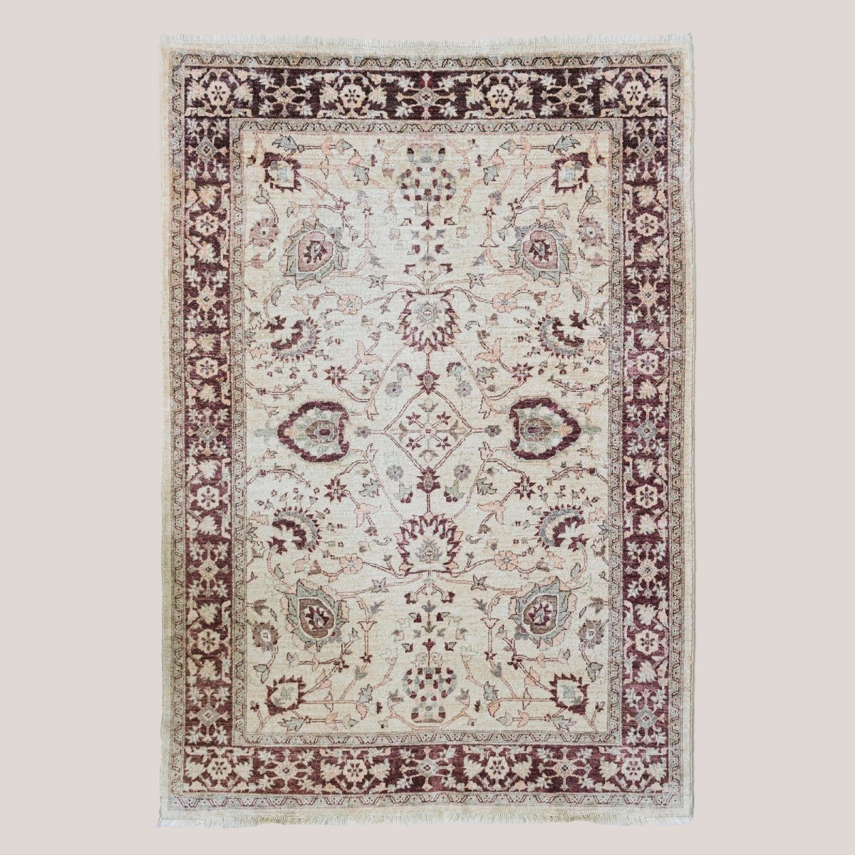 Vintage Indo-persian Floral Rug | Ivory Ground With Burgundy Border | 273 × 187 Cm
